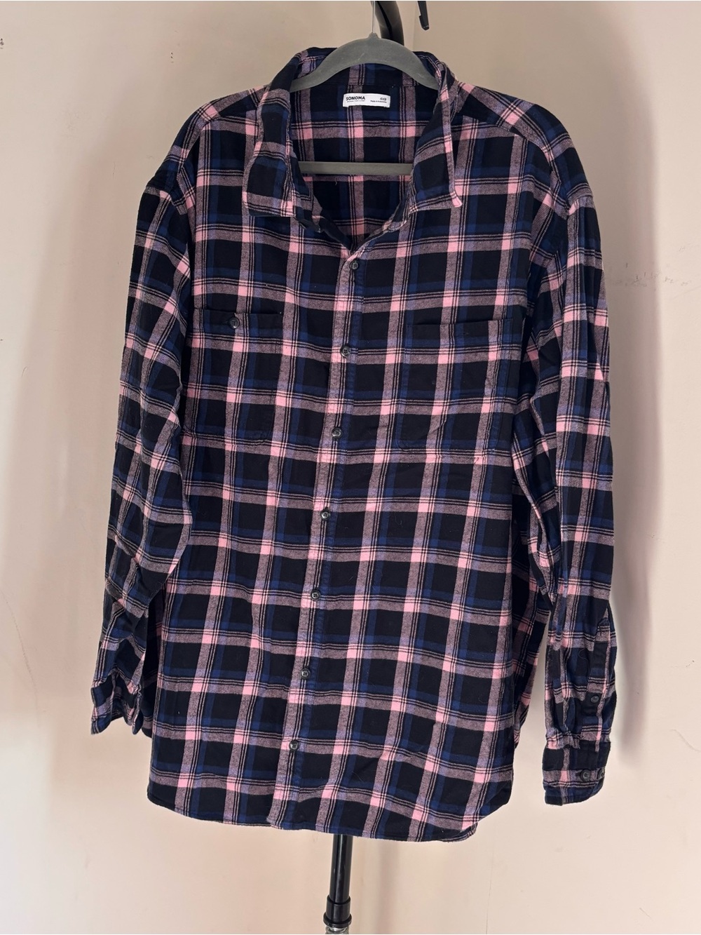 Sonoma Navy and Pink Plaid Casual Button-Down Shirt